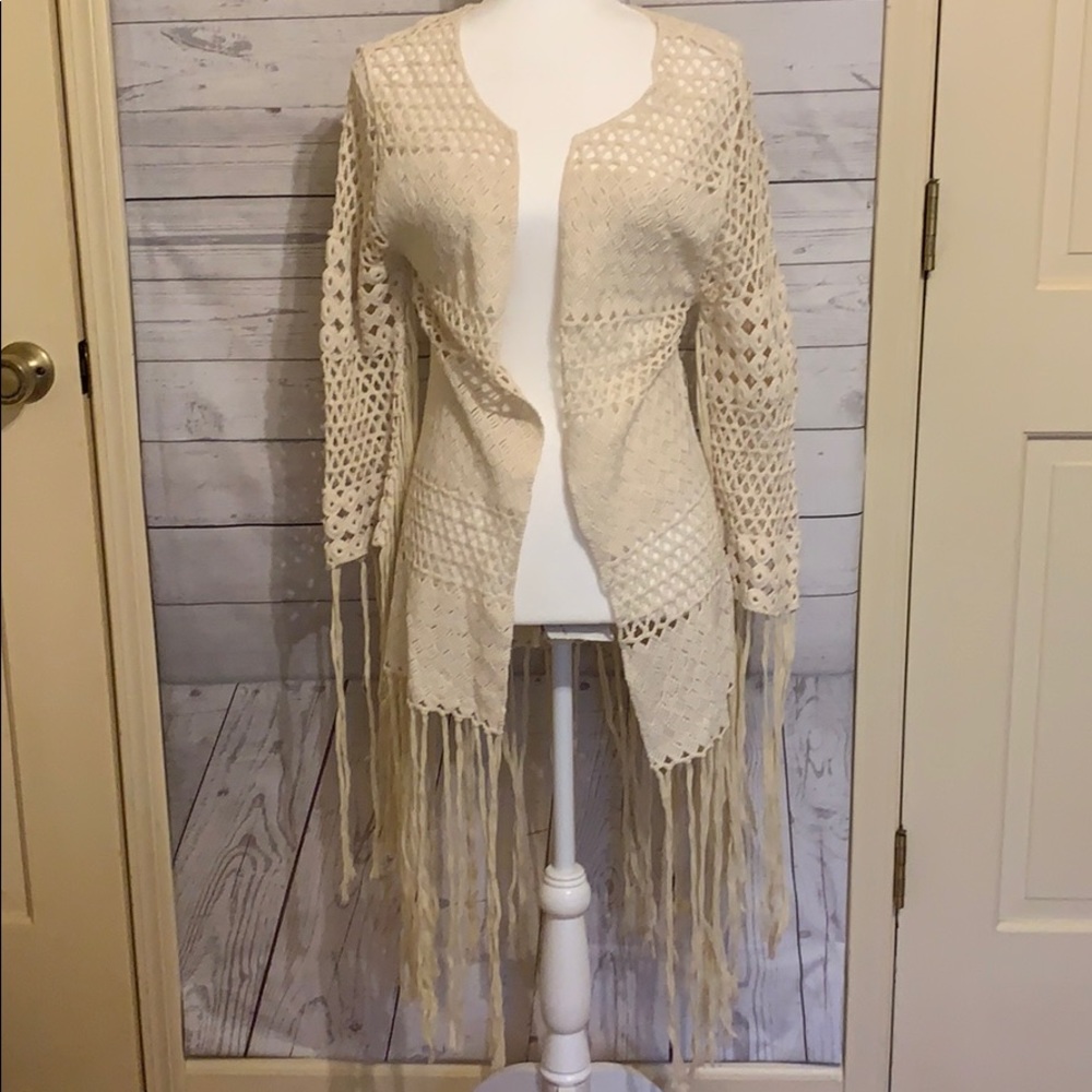 Chelsea & Victoria Cream Crochet Fringe Cardigan
